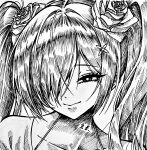  1girl bikini cinderella_(crystal_wave)_(nikke) cinderella_(nikke) commentary_request flower goddess_of_victory:_nikke greyscale hair_flower hair_ornament hair_over_one_eye highres korean_commentary korean_text long_hair looking_at_viewer monochrome official_alternate_costume official_alternate_hairstyle smile smoothie_bear solo swimsuit translation_request 