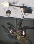  >_< 2girls absurdres accident ammunition_pouch animal_ears artist_name bare_shoulders black_gloves black_jacket black_pantyhose bulletproof_vest bunnygirl_(crazypluck1) collarbone combat_helmet crazypluck1 failure falling firing glasses gloves green_eyes grey_background grey_hair gun heavy_machine_gun helmet highres jacket machine_gun manually-operated_mounted_gun marusha_(b1-517) meme military_vehicle motor_vehicle multiple_girls muzzle_flash open_mouth original pantyhose pouch rabbit_ears russo-ukrainian_war shoes sidelocks sneakers spinning_yakb-12.7_machine_gun_incident surprised tank torn_clothes torn_pantyhose weapon yakb-12.7_machine_gun you're_doing_it_wrong 