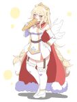  1girl baguette blonde_hair blush blush_stickers braid bread breasts cape clerical_collar commentary_request cross-shaped_pupils detached_wings dress empire_waist erpin_(trickcal) food garter_straps gold_tiara highres holding humanization long_hair medium_breasts nnnnnmmmi4323 red_cape red_eyes sideboob solo symbol-shaped_pupils thick_thighs thighhighs thighs tiara trickcal twin_braids white_dress wings 