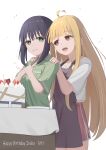  2girls absurdres ahoge birthday_cake black_hair blonde_hair cake cho_kaguya-hime! commentary_request dated food fruit green_eyes hands_on_another's_shoulders happy_birthday heart heart_ahoge highres kaguya_(cho_kaguya-hime!) kano16ne looking_at_another mole mole_under_eye multiple_girls open_mouth pink_shorts red_eyes revision sakayori_iroha shirt shorts simple_background smile straight_hair strawberry white_background white_shirt 
