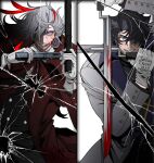  2boys actorww alexander_anderson alexander_anderson's_pose alexander_anderson_(cosplay) alternate_hair_color alternate_species alucard_(hellsing) alucard_(hellsing)_(cosplay) bayonet black_hair blood blood_on_face blood_on_weapon blue_eyes broken_glass bullet_hole cassock casull_(hellsing) coat collared_shirt constricted_pupils contrast_lapels cosplay cowboy_shot crack cracked_glass crazy_eyes crossed_swords cuff_links curtained_hair dual_wielding evil_grin evil_smile finger_on_trigger floating_hair genshin_impact glass gloves grey_coat grey_gloves grey_hair grin gun hair_between_eyes hair_flaps hair_over_one_eye handgun hands_up hellsing highres holding holding_gun holding_sword holding_weapon jackal_(hellsing) lapels long_hair long_sleeves looking_at_viewer male_focus multicolored_hair multiple_boys neck_ribbon neuvillette_(genshin_impact) notched_lapels one_eye_covered parody parted_lips partially_shaded_face pointy_ears pose_imitation print_gloves purple_eyes red_coat red_eyes red_pupils red_ribbon red_streaks ribbon shirt short_hair side_part simple_background slit_pupils smile split_screen straight-on streaked_hair sword vampire weapon white_background white_gloves white_shirt wriothesley_(genshin_impact) 