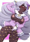  1girl :d blush breasts breasts_out censored collarbone commentary_request dark-skinned_female dark_skin eyelashes fishnet_pantyhose fishnets glove_bow gloves grey_hair hand_up hat jacinthe_(pokemon) jewelry kani_club large_breasts long_hair long_sleeves mosaic_censoring nipples open_mouth pantyhose pokemon pokemon_legends:_z-a purple_hat pussy ring smile solo teeth tilted_headwear upper_teeth_only white_gloves 