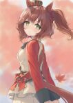  1girl animal_ears aston_machan_(flare)_(umamusume) aston_machan_(umamusume) autumn_leaves black_bow black_bowtie blush bow bowtie breasts brown_hair closed_mouth commentary_request crown green_eyes hair_ornament hair_scrunchie highres horse_ears horse_girl horse_tail leaf long_sleeves looking_at_viewer mini_crown red_sash red_scrunchie red_sleeves sash scrunchie shirt shoulder_sash skirt smile solo tail tilted_headwear tsurubami_(gaad5227) umamusume 
