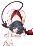  1girl :q all_fours ass black_hair bra breasts charlie_purrito cleavage closed_mouth commentary commission fingernails grey_eyes highres jane_doe_(zenless_zone_zero) large_breasts looking_at_viewer nail_polish panties red_bra red_nails red_panties short_hair simple_background solo tail tongue tongue_out top-down_bottom-up topless_female underwear unworn_bra white_background zenless_zone_zero 