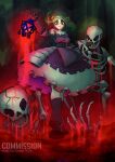  absurdres artist_name bare_shoulders boots brown_boots commentary corset dress english_commentary english_text gauntlets green_background green_hair highres holding holding_lantern lantern necromancer purple_dress skeleton sleeveless sleeveless_dress summoning tatiana_(unicorn_overlord) twintails unicorn_overlord xander_wolk 