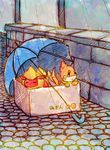 ambiguous_gender box buizel duo eeveelution flareon homeless japanese_text mammal mustelid nintendo otter outside pok&eacute;mon raining rasuku＠07_(artist) text umbrella video_games 