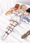  1girl absurdres arms_behind_back ball_gag blue_archive book bound bound_ankles bound_arms bound_legs bound_thighs bow chinese_commentary closed_eyes commentary_request commission disembodied_hand feathered_wings gag gagged glasses green_bow hair_bow head_wings highres indoors kneehighs lying no_shoes on_bed on_stomach orange_hair orange_sailor_collar orange_wings pleated_skirt sailor_collar school_uniform second-party_source serafuku shibari shimiko_(blue_archive) shirt single_kneehigh single_sock single_thighhigh skirt sleeping socks soles solo thighhighs twintails white_shirt white_skirt white_socks white_thighhighs wings yanx5 