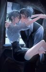  1boy 1girl arm_around_shoulder arms_around_neck black_hair black_necktie black_pants black_skirt black_vest breasts chair closed_eyes closed_mouth collared_shirt commentary_request curtains eren_yeager feet_out_of_frame green_eyes hair_between_eyes hair_bun hetero high-waist_skirt highres indoors liu_ruo medium_breasts medium_hair mikasa_ackerman necktie pants parted_lips scar scar_on_cheek scar_on_face see-through_curtains shingeki_no_kyojin shirt short_hair sitting sitting_on_lap sitting_on_person skirt smile striped_clothes striped_shirt updo vertical-striped_clothes vertical-striped_shirt vest white_shirt window 