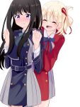  2girls :d ^_^ absurdres aqua_bow aqua_bowtie black_hair blonde_hair blue_bow blue_bowtie blue_dress blush bow bowtie buttons closed_eyes commentary_request cowboy_shot double-breasted dress embarrassed grey_dress hair_between_eyes hair_ribbon hands_up happy highres inoue_takina long_hair long_sleeves looking_ahead lycoris_recoil lycoris_uniform medium_hair multiple_girls neruth nishikigi_chisato nose_blush one_side_up open_mouth pleated_dress purple_eyes red_dress red_ribbon ribbon sidelocks simple_background smile teeth two-tone_dress upper_teeth_only white_background 