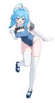  1girl absurdres ahoge arahashi_tabi blue_eyes blue_hair blue_one-piece_swimsuit blue_shoes braid breasts commentary covered_navel elbow_gloves full_body gloves hand_up highres large_breasts looking_at_viewer maid_headdress multicolored_hair one-piece_swimsuit pongdo puffy_short_sleeves puffy_sleeves shoes short_sleeves simple_background smile solo standing standing_on_one_leg stellive streaked_hair swimsuit thighhighs tongue tongue_out twin_braids v virtual_youtuber white_background white_gloves white_hair white_thighhighs white_wrist_cuffs wrist_cuffs 