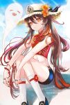  1girl alternate_costume bead_bracelet beads birthday black_nails black_shoes black_shorts blue_sky boo_tao_(genshin_impact) bracelet brown_hair chinese_clothes cloud crop_top day flower flower-shaped_pupils genshin_impact gradient_hair happy_birthday hat hat_flower highres hu_tao_(genshin_impact) jewelry karakusa_(ototsukiharu) long_hair midriff multicolored_hair navel orange_flower outdoors red_eyes red_flower red_shirt shirt shoes short_shorts short_sleeves shorts sidelocks sitting sky socks solo symbol-shaped_pupils thighs white_hat white_socks 