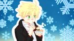  1boy aki_usagi arthur_pendragon_(fate) black_coat blonde_hair blowing blue_background bowl emiya-san_chi_no_kyou_no_gohan fate/prototype fate_(series) food green_eyes highres male_focus oden parody scarf snowflake_background solo white_scarf 