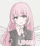  1girl arknights black_corset black_jacket character_name choker commentary_request corset energy_wings english_text halo hand_on_own_face jacket lemuen_(arknights) light_blush long_hair looking_at_viewer pink_eyes pink_hair shirt smile solo tanakarashii white_background white_choker white_shirt 