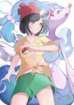  2girls absurdres beanie bent_over black_hair blue_eyes blue_hair blush breasts closed_mouth collarbone colored_skin commentary_request downblouse eyelashes floral_print furry furry_female green_shorts grey_eyes hair_ornament hat highres holding holding_poke_ball long_hair looking_at_viewer multiple_girls open_mouth pink_nose poke_ball pokemon pokemon_(creature) pokemon_sun_and_moon primarina red_hat selene_(pokemon) shiny_skin shirt short_hair short_shorts short_sleeves shorts simple_background smile solo star_(symbol) star_hair_ornament tsukune2398 white_background white_skin yellow_shirt 