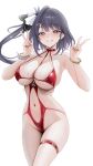 1girl absurdres alternate_color azur_lane bare_shoulders bead_bracelet beads belt black_hair blue_eyes blush bracelet breasts buko_(bukosuki) cleavage collarbone commentary_request commission cosplay cropped double_v drooling gold_bracelet groin hair_ornament hairclip halterneck hands_up heart heart-shaped_pupils high_heels highleg highleg_one-piece_swimsuit highres jewelry large_breasts liverpool_(azur_lane) long_hair looking_at_viewer maid mogador_(azur_lane) mogador_(azur_lane)_(cosplay) mogador_(locker_room_lechery)_(azur_lane) nail_polish navel official_alternate_costume one-piece_swimsuit one_eye_closed one_side_up open-toe_shoes open_mouth parted_lips pink_nails pixiv_commission ponytail purple_eyes purple_hair red_belt red_one-piece_swimsuit red_slingshot_swimsuit sideboob sidelocks simple_background single_hair_intake single_sidelock slingshot_swimsuit smile solo spread_legs standing standing_on_one_leg stomach super_highleg swimsuit symbol-shaped_pupils thigh_belt thigh_strap thighs toenail_polish toenails toes underboob v wet white_background 
