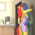  anthro anthrofied bathrobe beard blonde_hair blue_fur blush bread breasts brown_hair coffee_maker couple duo equestria_girls equine facial_hair fan_character female food fur hair horn horse hug male mammal marik_azemus34 multicolored_hair my_little_pony nightgown orange_eyes pony red_hair robe side_boob smile sunset_shimmer_(eg) two_tone_hair unicorn window yellow_fur 