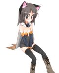  1girl alchemist_(ragnarok_online) animal_ear_fluff animal_ears black_thighhighs blush boots breasts brown_boots brown_cape cape cat_ears cat_girl cleavage closed_mouth commentary_request detached_sleeves dress full_body fur_collar grey_eyes grey_hair grey_sleeves medium_hair morino_donguri ragnarok_online short_dress simple_background sitting small_breasts smile solo strapless strapless_dress thighhighs white_background 