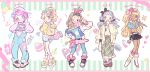  5girls :d ;d absurdres adjusting_eyewear amekaji_gyaru american_flag american_flag_print backwards_hat badge bag balloon belt belt_charm big_hair black_hairband black_shoes black_skirt blonde_hair blue_bow blue_eyes blue_hair blue_jacket blue_overalls blue_pants blue_shirt blue_skirt blush boots bow bow_hairband brown_hair brown_shoes button_badge cardigan cellphone charm_(object) chinese_commentary chinese_text commentary_request covering_own_mouth crop_top denim earrings eyewear_on_head fairy_kei fashion flag_print flip_phone flower full_body glasses green_bow green_skirt gyaru gyaru_makeup gyaru_v hair_bow hair_bun hair_flower hair_ornament hairband handbag hat headphones headphones_around_neck heart heart-shaped_eyewear hibiscus highres holding holding_wand hood hoodie hoop_earrings jacket jeans jewelry letterman_jacket long_hair long_skirt long_sleeves looking_at_viewer low_twintails makeup manba_gyaru medium_hair migulu multiple_girls one_eye_closed open_cardigan open_clothes open_jacket original overalls pants phone pink-framed_eyewear pink_bag pink_bow pink_flower pink_hair pink_hat pink_hoodie pink_shoes pink_skirt pink_socks plaid_clothes plaid_skirt polka_dot polka_dot_hoodie ponytail print_shirt quilted_bag shirt shoes short_hair single_hair_bun skirt smile sneakers socks standing star_(symbol) star_print striped_clothes striped_skirt stuffed_animal stuffed_toy sunglasses swept_bangs tan teddy_bear tied_shirt topknot tote_bag translation_request twintails v variant_set vertical-striped_clothes vertical-striped_skirt wand wavy_hair white_belt white_boots white_eyeshadow white_shirt white_shoes white_socks yellow_cardigan yellow_shoes yume_kawaii 
