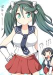  absurdres agano_(kantai_collection) agano_(kantai_collection)_(cosplay) alternate_costume black_hair breasts commentary cosplay gloves green_eyes green_hair highres isuzu_(kantai_collection) kantai_collection large_breasts long_hair miniskirt multiple_girls pleated_skirt ryuki_(ryukisukune) school_uniform serafuku skirt sweat translation_request twintails white_gloves wind 