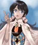  1girl :o artist_name blue_dress blue_eyes clenched_hand commentary_request dress fire_emblem fire_emblem:_fortune's_weave glasses hair_ribbon hand_on_own_hip index_finger_raised jilliannowaki long_hair looking_at_viewer low_twintails open_mouth ribbon shawl solo tiara_(fire_emblem) twintails upper_body white_shawl 