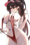  1girl absurdres blush breasts brown_eyes brown_hair commentary curvy goddess_of_victory:_nikke grin highres large_breasts long_hair looking_at_viewer marciana_(marine_study)_(nikke) marciana_(nikke) navel navel_piercing official_alternate_costume piercing red_slingshot_swimsuit shirorogr simple_background slingshot_swimsuit smile solo swimsuit untranslatable_commentary visor_cap white_background 