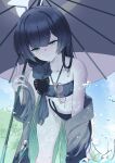 1girl bare_legs bare_shoulders bikini black_bikini black_hair black_shirt blue_archive braid bureoeve butterfly_hair_ornament collarbone commentary_request cowboy_shot flat_chest green_eyes grey_halo hair_ornament halo highres holding holding_umbrella kisaki_(blue_archive) kisaki_(swimsuit)_(blue_archive) leaning_forward long_hair navel off_shoulder official_alternate_costume official_alternate_hairstyle open_mouth shirt side_braid sky solo standing stomach sunglasses swimsuit umbrella water_drop 