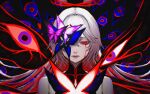  1girl absurdres blue_butterfly bug butterfly butterfly_on_face chaos_(pgr) closed_mouth colored_inner_hair commentary_request gi_ra1 hair_between_eyes halo highres long_hair looking_at_viewer multicolored_hair one_eye_covered pink_butterfly portrait punishing:_gray_raven purple_butterfly red_eyes red_hair red_halo solo white_hair 