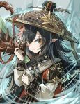  1girl absurdres arknights black_hair chinese_commentary chun_(arknights) closed_mouth commentary_request flipped_hair hair_ornament hair_stick hat highres huban jade_(gemstone) leaf_print long_hair long_sleeves maple_leaf_hair_ornament maple_leaf_print multicolored_hair nutsumi47 orange_streaks pointy_ears rain rice_hat solo streaked_hair swept_bangs topknot white_sleeves 