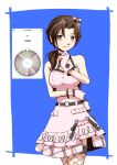  1girl absurdres bare_shoulders belt black_belt blue_background border bow breasts brown_eyes brown_hair commentary_request curtained_hair dress fingerless_gloves fishnet_thighhighs fishnets gloves hair_between_eyes hair_bow hair_over_shoulder hairband hand_on_own_chin heart highres idolmaster idolmaster_cinderella_girls kawashima_mizuki long_hair masaki_comic pink_dress pink_gloves ponytail screenshot_inset simple_background solo thighhighs white_border 