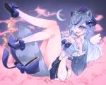  1girl 3am absurdres animal_ears arronon blue_bow blue_eyes blue_hair blue_hat blue_shoes blue_tail bow breasts cleavage colored_skin crescent crescent_hair_ornament crescent_moon crescent_ornament detached_wings dress eye_mask gradient_hair hair_bow hair_ornament hair_over_one_eye hat highres large_breasts long_hair mask mini_wings moon multicolored_hair open_mouth pink_skin raccoon_ears raccoon_girl raccoon_tail shoes single_hair_intake sky snuffy_(idol)_(vtuber) snuffy_(vtuber) socks solo star_(sky) starry_sky tail tail_bow tail_ornament thighs virtual_youtuber white_socks wings 