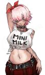  1girl absurdres arm_tattoo arm_up armpits belt bikini black_bikini blue_streaks breasts clothes_writing commentary english_commentary english_text fefe_(vtuber) flower_tattoo glasses hair_over_eyes hairband highres indie_virtual_youtuber large_breasts long_bangs looking_at_viewer makeup mandradox multicolored_hair navel navel_piercing piercing pink_hair pink_streaks purple_streaks red_eyes red_skirt red_streaks runny_makeup see-through_cleavage see-through_clothes see-through_shirt shirt short_hair skirt solo streaked_hair swimsuit tattoo upper_body virtual_youtuber white_background white_shirt 