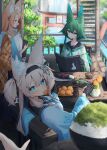  3girls animal_ear_fluff animal_ears apron aqua_eyes aqua_neckerchief aqua_shirt black_gloves black_hairband black_sailor_collar blonde_hair blush bright_pupils brown_cardigan cardigan checkered_clothes checkered_kimono closed_mouth commentary_request day food food_in_mouth food_request gloves green_hair green_neckerchief hair_ornament hair_ribbon hair_tubes hairband hairclip highres holding holding_food holding_menu inre_kemomimi japanese_clothes kimono long_hair long_sidelocks long_sleeves looking_at_another looking_at_viewer looking_to_the_side menu multiple_girls neckerchief one_side_up open_cardigan open_clothes open_mouth orange_hair orange_kimono original outdoors parallel_hairclips plate profile red_ribbon restaurant ribbon sailor_collar sailor_shirt shirt short_hair sidelocks sitting slice_of_life smile stairs standing straight_hair table turning_head veranda waitress white_apron white_pupils white_shirt wide_sleeves 