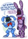 2014 animatronic anthro bonnie_(fnaf) bow bow_tie duo english_text five_nights_at_freddy&#039;s five_nights_at_freddy&#039;s_2 fur green_eyes lagomorph machine male mammal mechanical rabbit red_eyes robot text thedoggygal toy_bonnie_(fnaf) video_games 