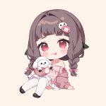  1girl :p animal_ears bare_shoulders black_shoes blush braid brown_background brown_hair brown_jacket chibi closed_mouth commentary copyright_request dress english_commentary estelle_(vtuber) full_body hair_intakes highres hitsukuya indie_virtual_youtuber jacket long_sleeves low_twintails off_shoulder open_clothes open_jacket pink_dress puffy_long_sleeves puffy_sleeves red_eyes shoes simple_background sitting sleeves_past_wrists smile solo thick_eyebrows thighhighs tongue tongue_out twin_braids twintails white_thighhighs 