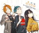  1girl 2boys ahoge aqua_eyes aqua_hair belt black_hair black_shirt blue_eyes breasts brown_belt closed_eyes closed_mouth commentary_request curtained_hair eyes_visible_through_hair facing_viewer finger_heart grin hagiwara_daisuke hair_between_eyes hands_up hori-san_to_miyamura-kun long_hair long_sleeves looking_at_viewer multiple_boys open_hands orange_hair sawada_honoka shindou_kouichi shirt short_bangs short_hair smile sparkle star_(symbol) tanihara_makio translation_request unbuttoned white_background 