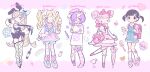  5girls absurdres ahoge alcohol animal_bag animal_ears animal_print baby_bottle backpack bag bandaged_arm bandaged_head bandages bandaid bandaid_on_leg black_dress black_hair black_necktie black_shoes blonde_hair blood blue_bow blue_eyes blue_shoes blue_shorts blue_skirt bottle bow breasts cat cat_print child chinese_commentary cleavage closed_umbrella commentary_request crossbody_bag cup cupcake denim denim_skirt detached_sleeves double_bun dress easter_egg egg fairy_kei fake_animal_ears fashion fishnet_thighhighs fishnets food full_body garter_straps hair_bow hair_bun hair_ornament hair_over_one_eye hat heart heart-shaped_bag heart_ahoge heisei_retro highres holding holding_food holding_ice_cream holding_ice_cream_cone holding_knife holding_umbrella ice_cream ice_cream_cone knife lolita_fashion lolita_print lollipop_print long_hair long_sleeves migulu multiple_girls necktie nontraditional_playboy_bunny nurse_cap one_eye_closed open_mouth original overall_skirt pantyhose pink_bag pink_bow pink_dress pink_eyes pink_hair pink_hat pink_sailor_collar pink_shoes pink_socks pink_thighhighs pink_umbrella polka_dot_sweater print_sweater purple_hair purple_shoes rabbit_ears randoseru sailor_collar shoes short_hair short_twintails shorts single_thighhigh skirt sleeves_past_fingers sleeves_past_wrists sneakers socks standing standing_on_one_leg star_(symbol) star_hair_ornament striped_clothes striped_thighhighs sweater sweet_lolita syringe teacup thighhighs twintails umbrella unicorn variant_set very_long_hair wand white_pantyhose white_socks white_sweater yami_kawaii yume_kawaii 