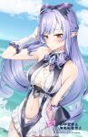  1girl absurdres bare_shoulders blue_sky bow bowtie breasts casual_one-piece_swimsuit closed_mouth clothing_cutout commentary cowboy_shot cyclone_tarou day hair_bow heart_cutout highres light_blush long_hair looking_at_viewer medium_breasts multicolored_hair navel ocean official_alternate_costume one-piece_swimsuit outdoors pointy_ears purple_bow purple_bowtie purple_hair red_eyes revision sidelocks sky solo split_mouth stomach stomach_cutout streaked_hair swimsuit thighs very_long_hair vivian_banshee vivian_banshee_(iris_of_the_shore) white_one-piece_swimsuit zenless_zone_zero 