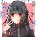  1girl black_hair blunt_ends commentary_request floating_ribbon hairband highres hime_cut kyoto_xanadu lanunteaf long_hair long_sidelocks long_single_sidelock looking_at_viewer red_eyes red_hairband rikudo_fuka school_uniform sidelocks simple_background smile solo v 