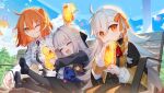  3girls add_(fate) ahoge asymmetrical_bangs backpack bag belt bench black_capelet black_dress black_pantyhose black_skirt blue_sky blush braid breasts brooch brown_pantyhose capelet closed_eyes collared_shirt commentary_request cup dress drink drinking_glass fate/grand_order fate_(series) food fruit fujimaru_ritsuka_(female) fujimaru_ritsuka_(female)_(normal_chaldea_uniform) gray_(fate) gray_lily_(fate) grey_hair grey_jacket grin haru_no_owari_ni_kimi_o_matsu ice ice_cube jacket jewelry lemon lemon_slice long_hair long_sleeves looking_at_viewer medium_breasts medium_hair multiple_girls olga_marie_animusphere olga_marie_animusphere_(young) one_side_up open_mouth orange_eyes orange_hair pantyhose shirt short_hair side_braid skirt sky smile stuffed_animal stuffed_toy teddy_bear uninu white_shirt 