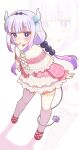  1girl blue_eyes blush bow_hairband capelet chestnut_mouth commentary_request dragon_horns frills funifuchan gradient_hair hair_bobbles hair_ornament hairband highres horns kanna_kamui kobayashi-san_chi_no_maidragon layered_skirt low_twintails multicolored_hair purple_hair skirt solo tail thighhighs twintails white_skirt white_thighhighs zoom_layer 