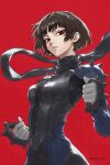  1girl artist_name black_bodysuit black_scarf bodysuit braid brass_knuckles breasts brown_hair commentary crown_braid grizi highres long_scarf looking_at_viewer medium_breasts niijima_makoto persona persona_5 red_eyes scarf short_hair shoulder_spikes solo spiked_knuckles spikes weapon 