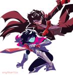  1boy 1other amamiya_ren artist_name black_hair blue_skin card colored_skin commentary crythartic deltarune english_commentary eye_mask highres holding holding_card holding_sword holding_weapon joker_(persona_5) kris_(dark_world)_(deltarune) kris_(deltarune) looking_at_viewer mask persona persona_5 phantom_thief pink_scarf playing_card red_hair scarf short_hair simple_background sword utdr_(toby_fox) weapon white_background 