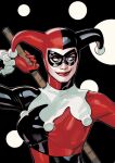  1girl artist_collaboration batman_(series) black_bodysuit black_hat black_mask blue_eyes bodysuit breasts commentary dc_comics domino_mask english_commentary eye_mask gloves harley_quinn harley_quinn_(classic) hat jester_cap looking_to_the_side mask medium_breasts multicolored_bodysuit pale_skin rachel_dodson red_bodysuit red_gloves red_hat solo terry_dodson two-tone_bodysuit two-tone_hat upper_body 