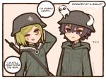  ... 2girls agott_arklaum_(tongari_boushi_no_atelier) black_hair blush border brushbuddy closed_eyes coco_(tongari_boushi_no_atelier) combat_helmet commentary creature english_commentary english_text fur_trim green_eyes green_hair hair_between_eyes helmet highres military_uniform multiple_girls one_eye_closed open_mouth purple_eyes shimejimee short_hair shoujo_shuumatsu_ryokou simple_background speech_bubble tongari_boushi_no_atelier twitter_username weapon white_border 