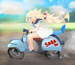  1girl animal_ears barefoot blonde_hair blue_eyes blue_neckerchief blue_sailor_collar blue_sky blush character_print cloud commentary dai_roku_ten_mao day driving fins fish_girl fish_tail floating_hair from_side full_body highres indie_virtual_youtuber kaniki_(sameko_saba) long_hair looking_ahead motion_lines motor_vehicle mountainous_horizon neckerchief on_scooter outdoors sailor_collar sameko_saba sameko_saba_(1st_costume) scooter shirt sitting sky sleeveless solo speed_lines tail virtual_youtuber white_shirt 