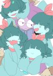  1other 4girls :> :/ :d aqua_(deltarune) aqua_dress aqua_skin blue_hair blunt_bangs blush book bow coat colored_skin commentary_request covered_eyes crawling deltarune dress expressionless fang fangs fox_tail from_side hair_bow half-closed_eyes highres holding holding_book holding_knife knife looking_at_another medium_hair multiple_girls netskie on_head person_on_head purple_coat purple_hair reading red_bow red_scarf scarf seth_(deltarune) shirosakura0002 short_side_ponytail short_twintails side_ponytail skin_fang skin_fangs sleeves_past_fingers sleeves_past_wrists smile tail twintails utdr_(toby_fox) 