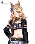  1girl absurdres animal_ears arroz_con_leche bandeau belt black_belt black_jacket blonde_hair blue_bow blue_eyes blush bow breasts chain closed_mouth denim denim_shorts ear_bow gold_chain gold_city_(authentic/1928)_(umamusume) gold_city_(umamusume) hand_on_own_hip highres horse_ears horse_girl jacket long_hair long_sleeves looking_at_viewer midriff navel open_clothes open_jacket shorts simple_background solo strapless striped_bandeau tube_top umamusume white_background 