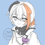  1girl blue_background closed_mouth commentary_request highres looking_at_viewer magical_girl mahou_shoujo_ikusei_keikaku mahou_shoujo_ikusei_keikaku_f2p multicolored_hair orange_hair sera_sera_(mahoiku) short_hair smile solo two-tone_hair white_hair yomo_gigyoza zipper 