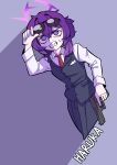  1girl @_@ absurdres bags_under_eyes black_pants black_vest blue_archive character_name clenched_teeth collared_shirt commentary_request crossed_bangs dutch_angle eyewear_on_head gun hair_between_eyes halo handgun haruka_(blue_archive) haruka_(suit)_(blue_archive) highres holding holding_gun holding_weapon korean_commentary long_sleeves medium_hair mulsae official_alternate_costume one_side_up pale_skin pants purple_background purple_eyes purple_hair shirt solo suit sunglasses sweat teeth vest weapon white_shirt 