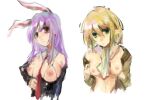  2girls animal_ears artist_request bad_id bad_pixiv_id between_breasts blonde_hair breasts breasts_out closed_mouth clothes_between_breasts green_eyes large_breasts long_hair long_sleeves looking_at_viewer medium_breasts mizuhashi_parsee multiple_girls necktie necktie_between_breasts nipples no_bra open_clothes open_shirt pointy_ears purple_hair rabbit_ears red_eyes red_necktie reisen_udongein_inaba short_hair simple_background touhou upper_body white_background 